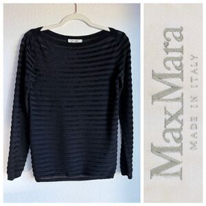 MaxMara Textured Flocked Semi Sheer Striped Long Sleeve Boatneck Black Knit Top